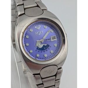 Roxy 100M Tide Cycle Watch Women Purple Dial Silver 6.5" Band- New Battery